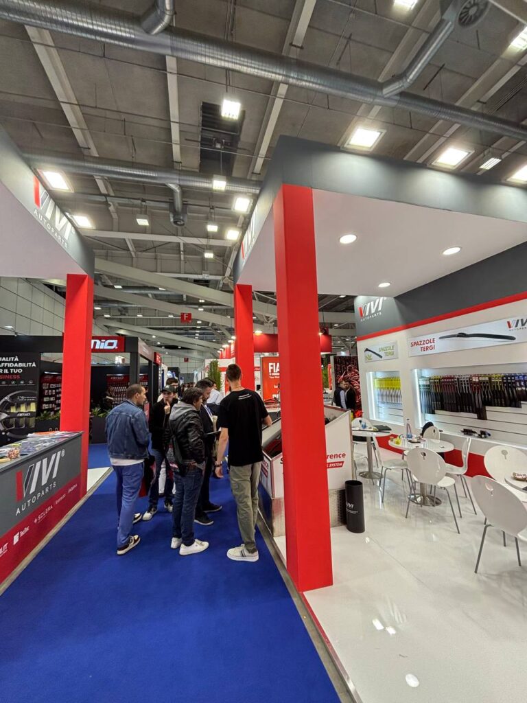 At Autopromotec 2025, the picture shows two stands F9-F10 of VIVI Autoparts.